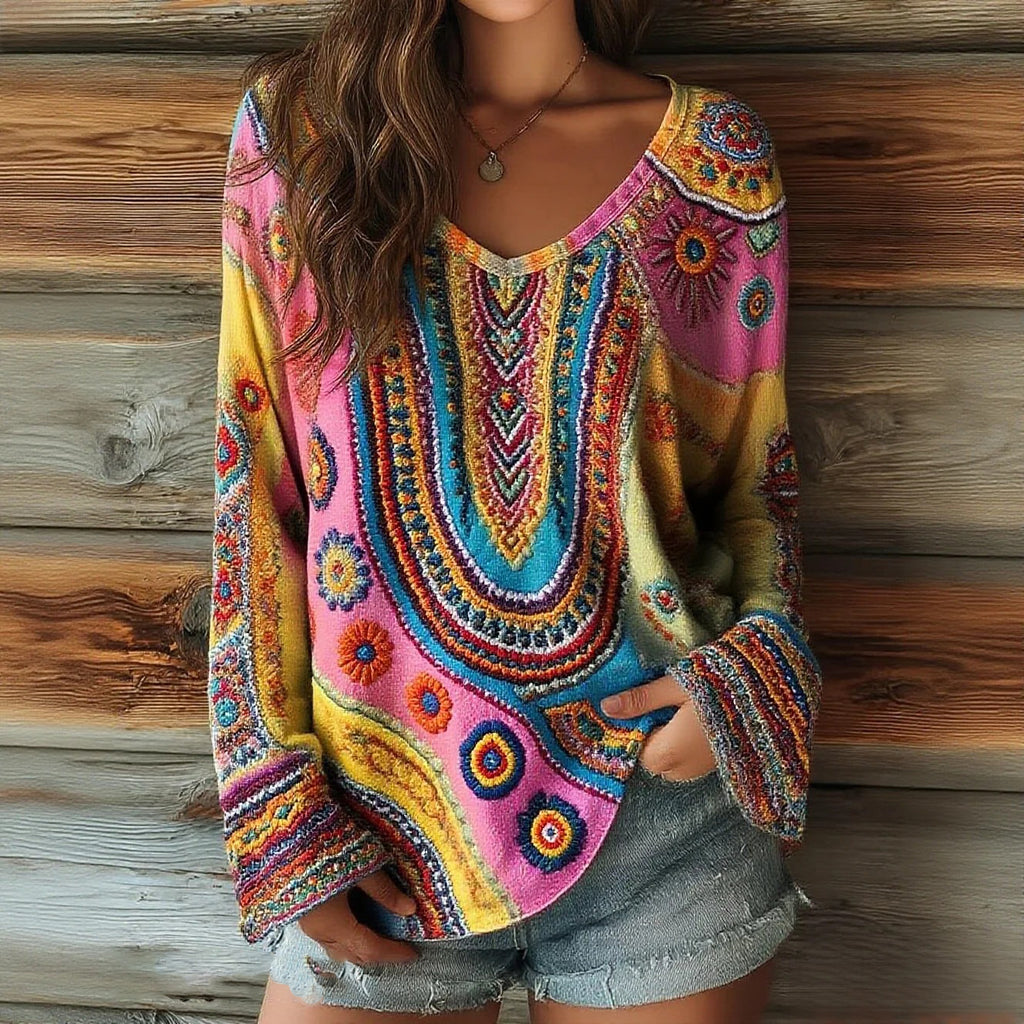 Women's Floral Art Print Casual V-neck Long Sleeve Top