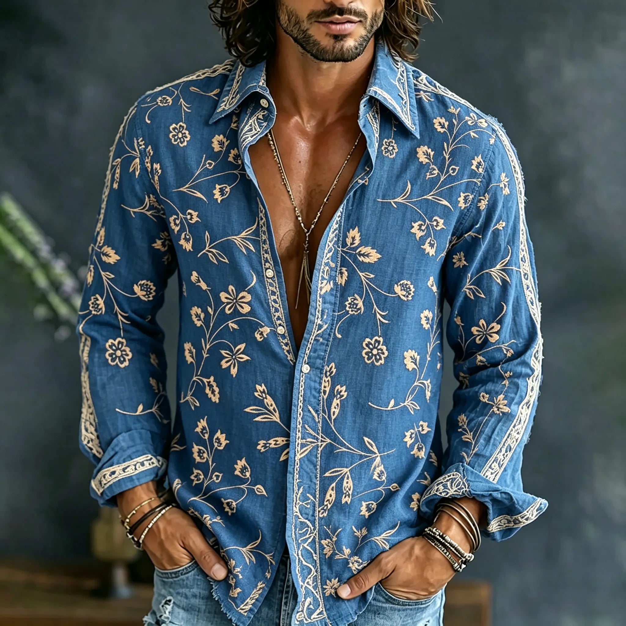 Men's Vintage Spring Floral Embroidered Art Print Flowy Linen Blend Casual Shirt