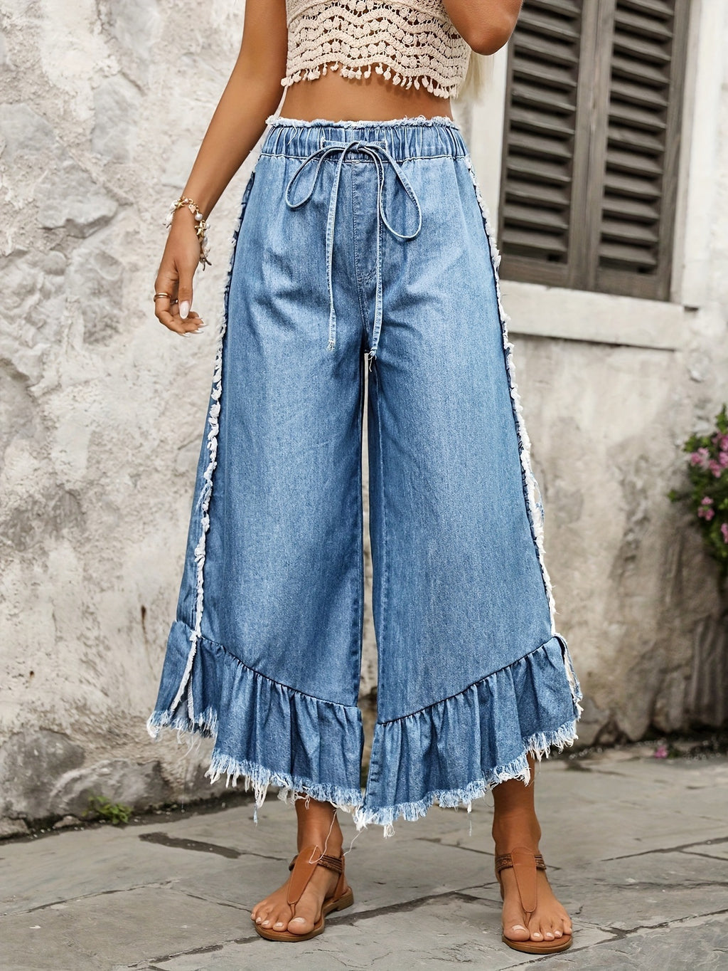 Fringed Ruffle Hem Denim Culottes