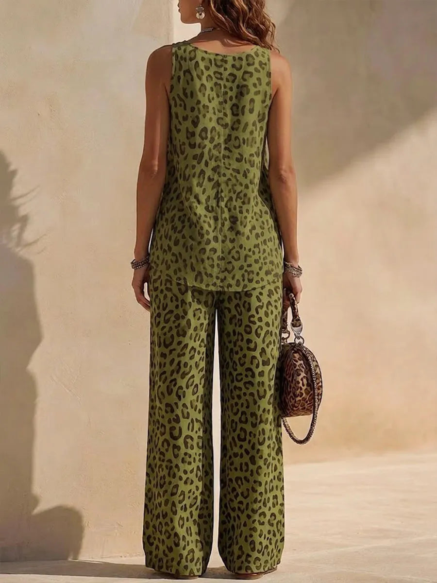 Cozy & Flowy Leopard Print Chiffon Sleeveless Top And Pants Two-piece Set