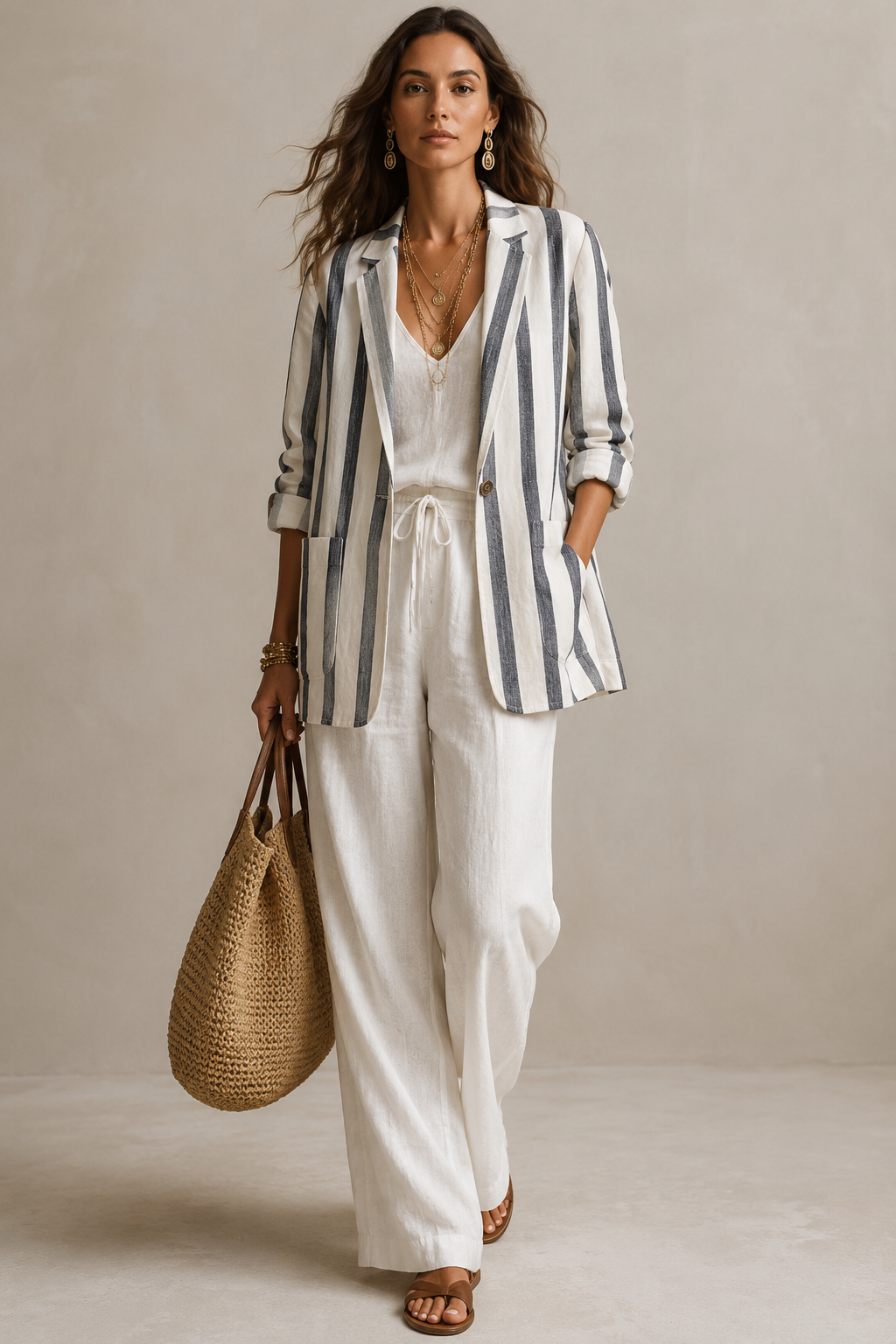 Effortless Linen Blend Oversized Ivory Pinstripe Suit Blazer