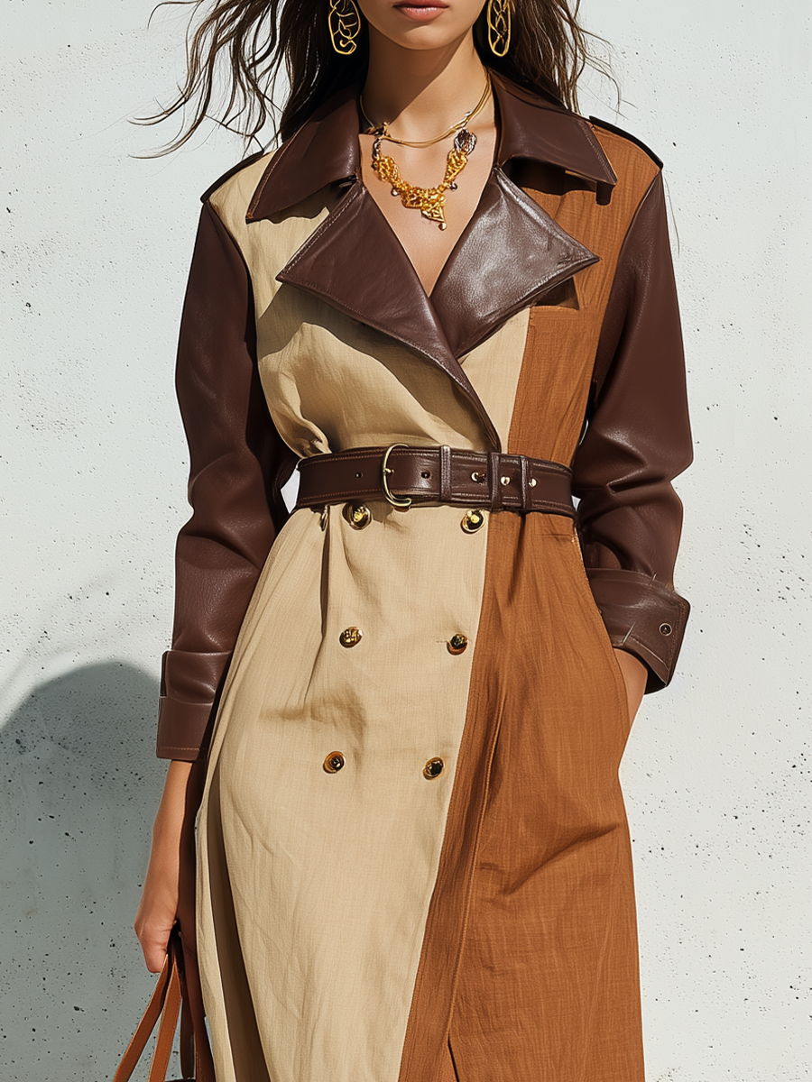 Classic Brown Beige Color Block Trench Coat