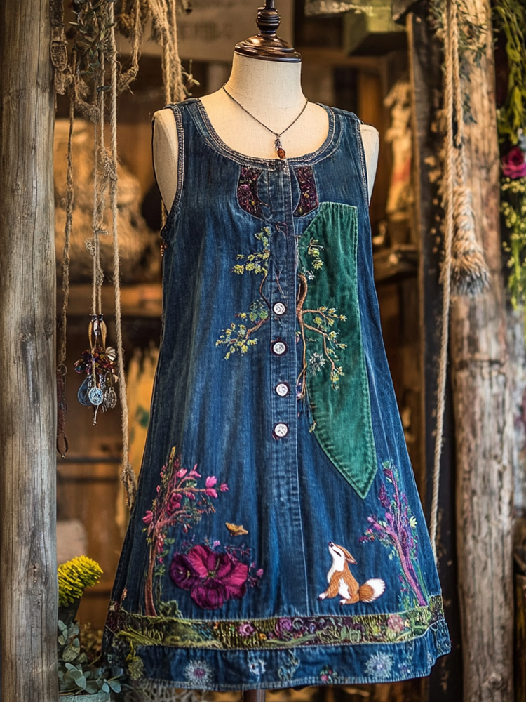Vintage Respect The Locals Fox Embroidery Denim Dress