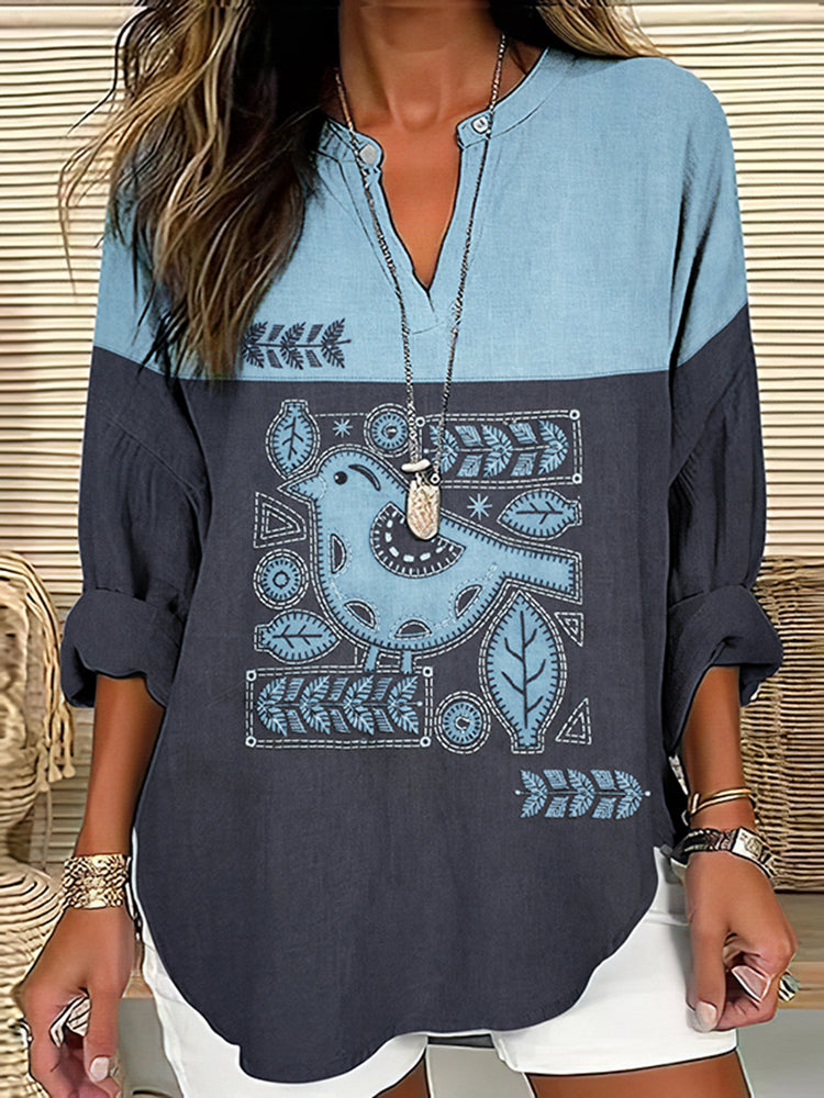 Women's Vintage Floral Bird Art Linen Long-sleeved Shirt