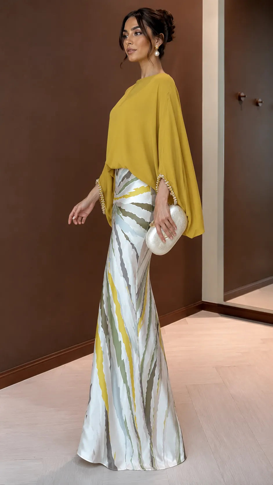 Mustard Batwing Blouse & Printed Satin Mermaid Maxi Skirt Set