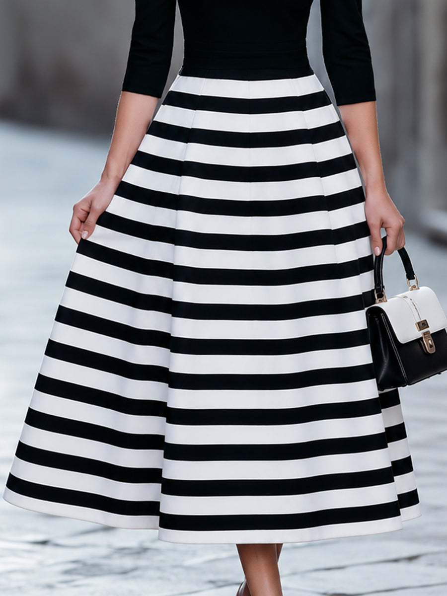 Black And White Striped Boat Neck Midi Dress