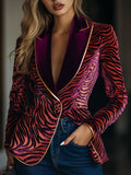 Casual Loose Vintage Velvet Zebra Pattern Gold Wire Striped Lapel Pocket Blazer