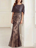 Round Neck Mesh Lace Solid Color Maxi Dress