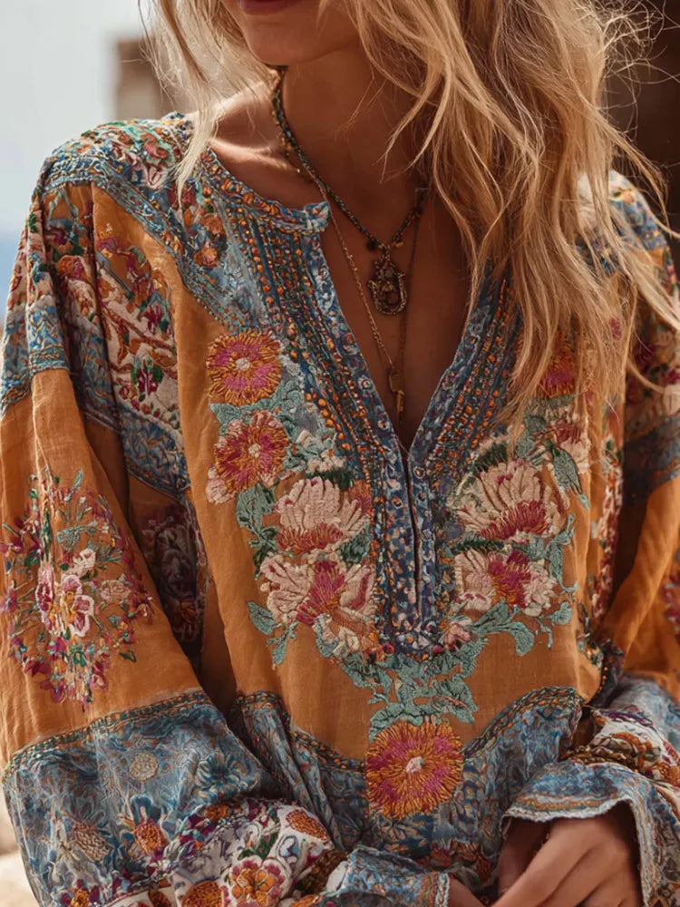 Bohemian Style Embroidered Flower Long-sleeved V-neck Bright Yellow Distressed Long-sleeved Top