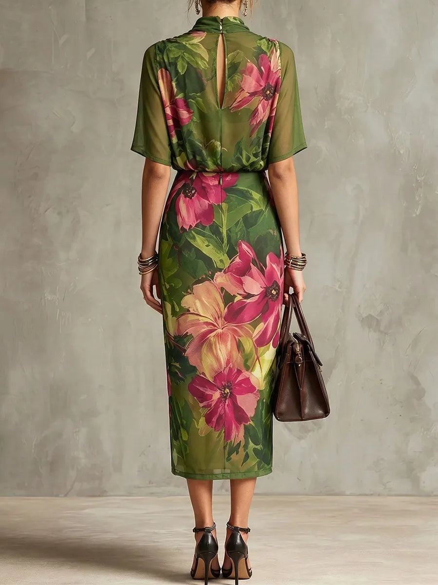 Women's Retro Abstract Print Cowl Neck Short-sleeve Loose Chiffon Top & High-waisted Pencil Skirt Set