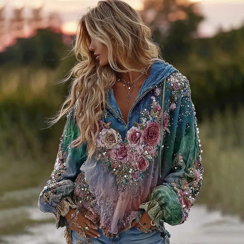 Tie-dye Rose Embroidered Sequined Hoodie