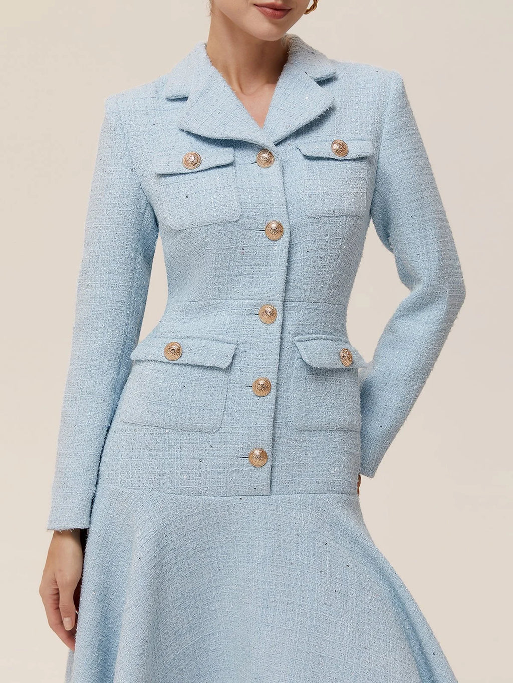Light Blue Lapel Collar Pocket A-Line Midi Tweed Blazer Dress