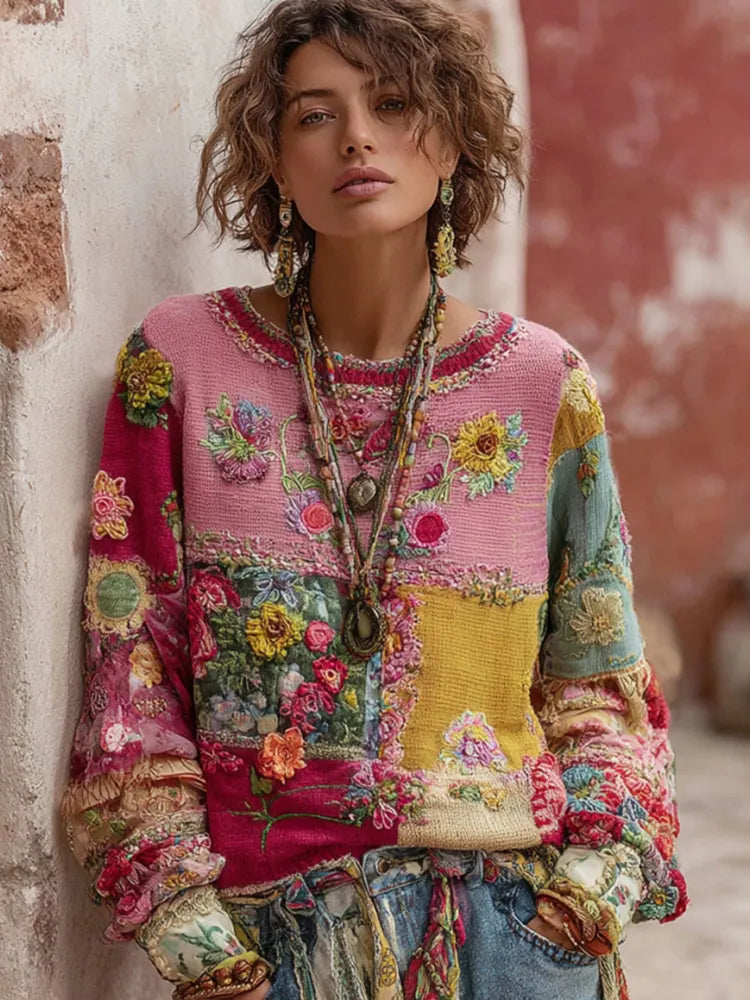 Women's Floral Embroidery Patchwork Art Pullover Cozy Knit Sweater
