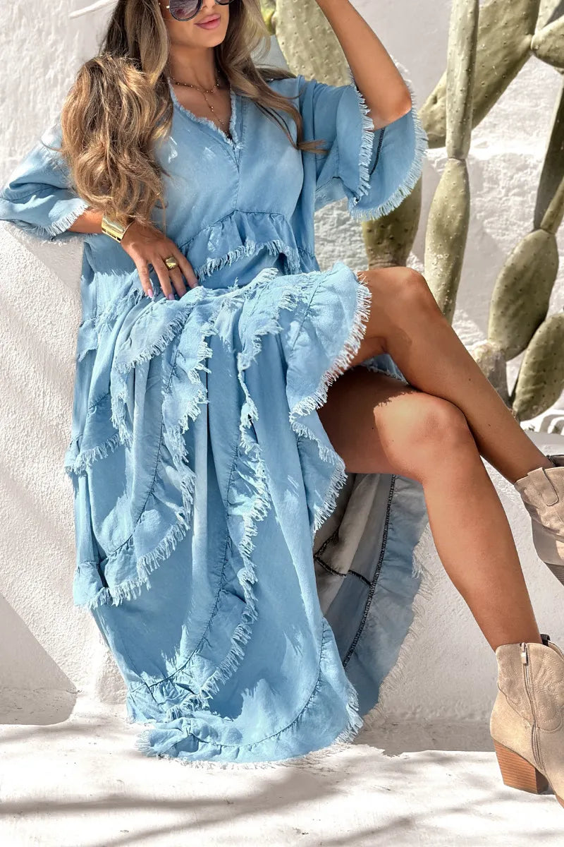 Blue Fringe Tiered Denim Maxi Dress