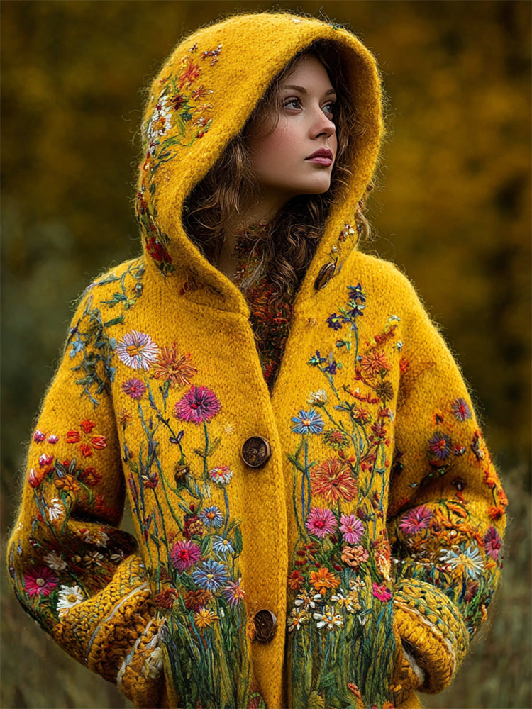 Vintage Cottage Wild Flowers Embroidered Cozy Knit Hooded Cardigan