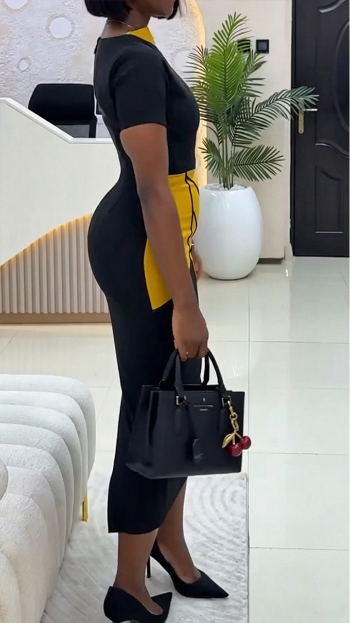 Women Round Neck Contrasting Color Waist Cinching Elegant Temperament Dress