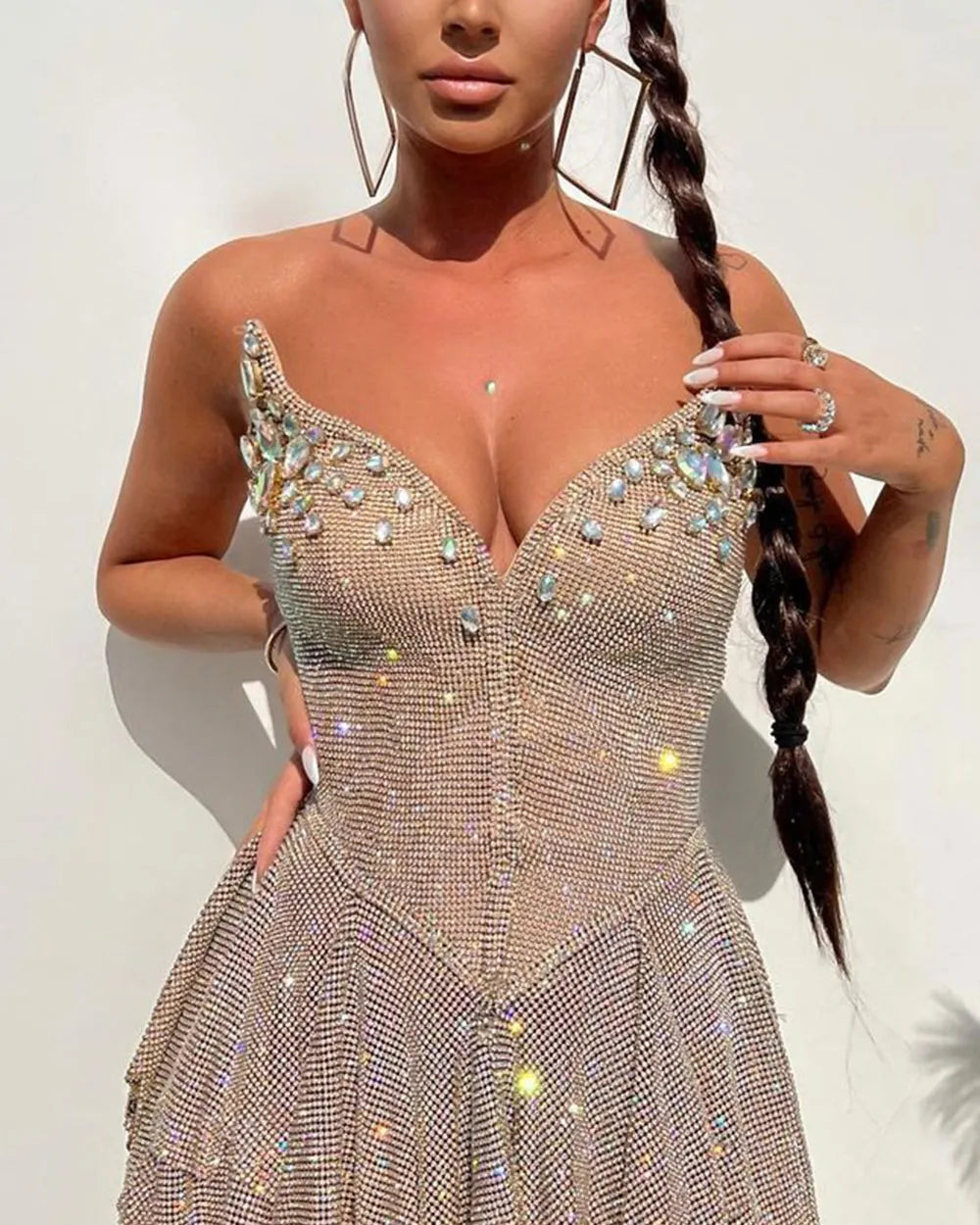 Crystal-Embellished Rhinestone Mini Dress