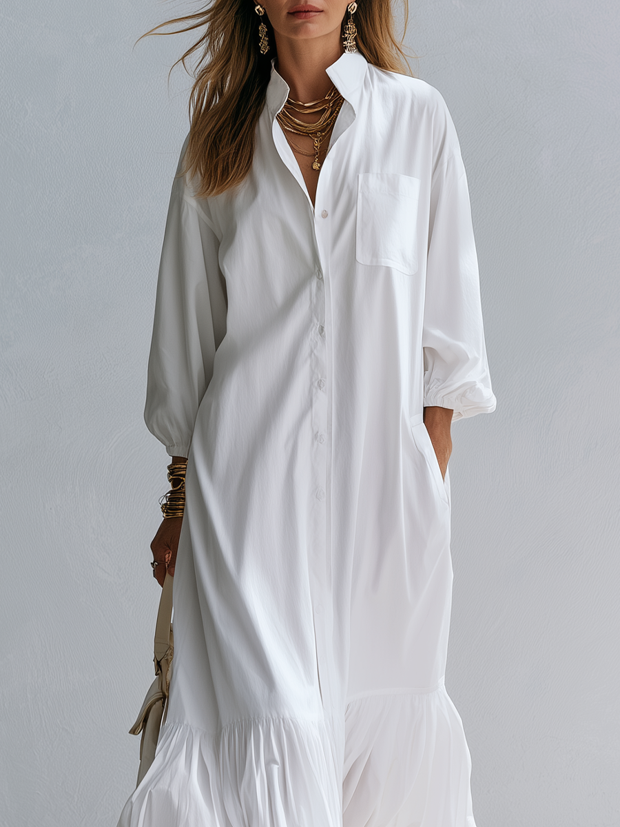 Resort Style White Cotton Ruffled Long Shirt Dress