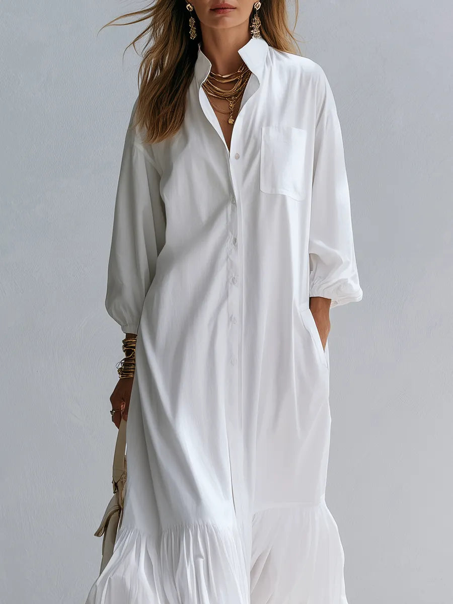 Resort Style White Cotton Ruffled Long Shirt Dress
