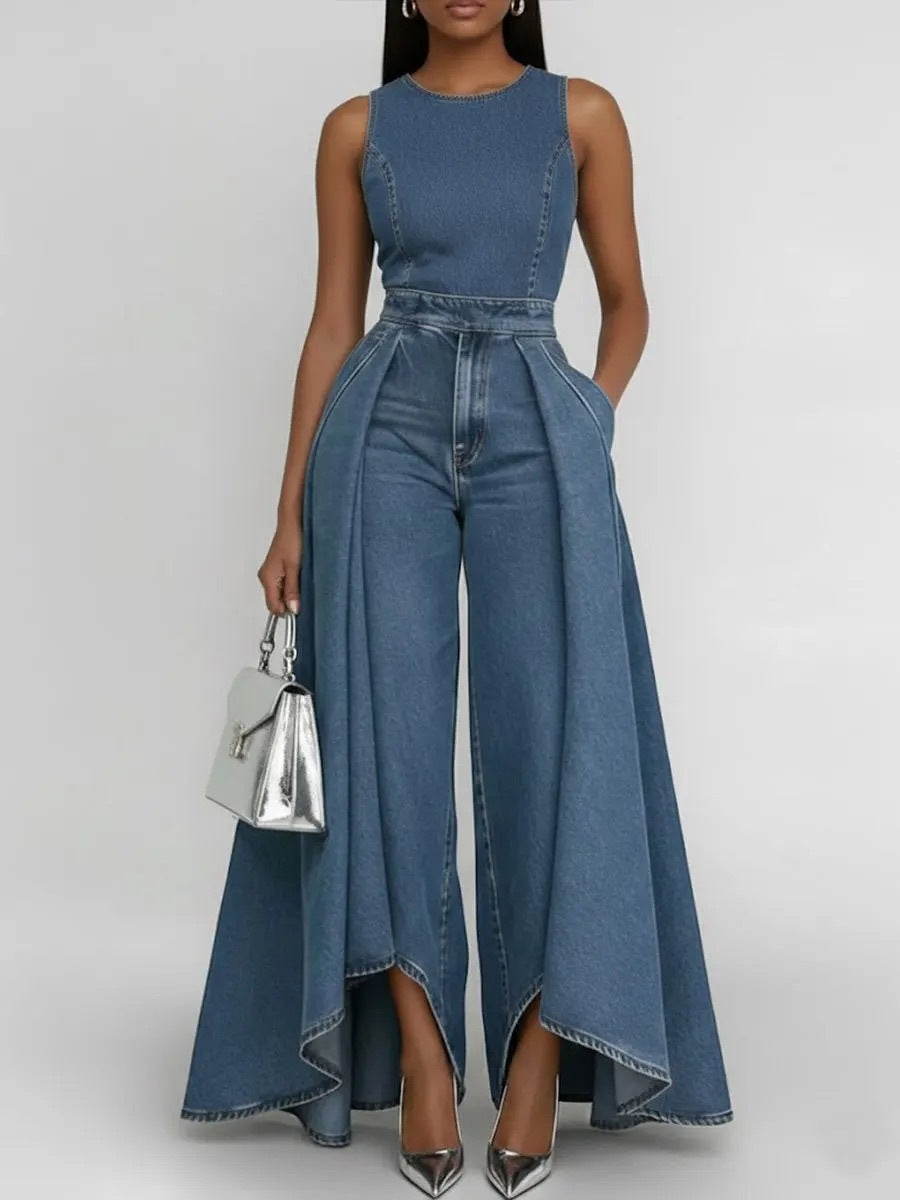 Women's Avant-Garde Skirt-Effect Denim Jumpsuit - Elegant High-Waist Sleeveless One-Piece Pant Suit