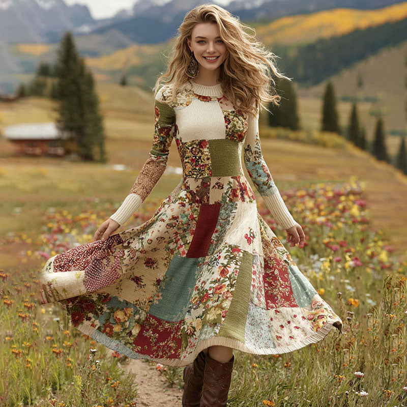 Women's Patchwork Floral Art Cozy Knit Maxi Sweater Dress