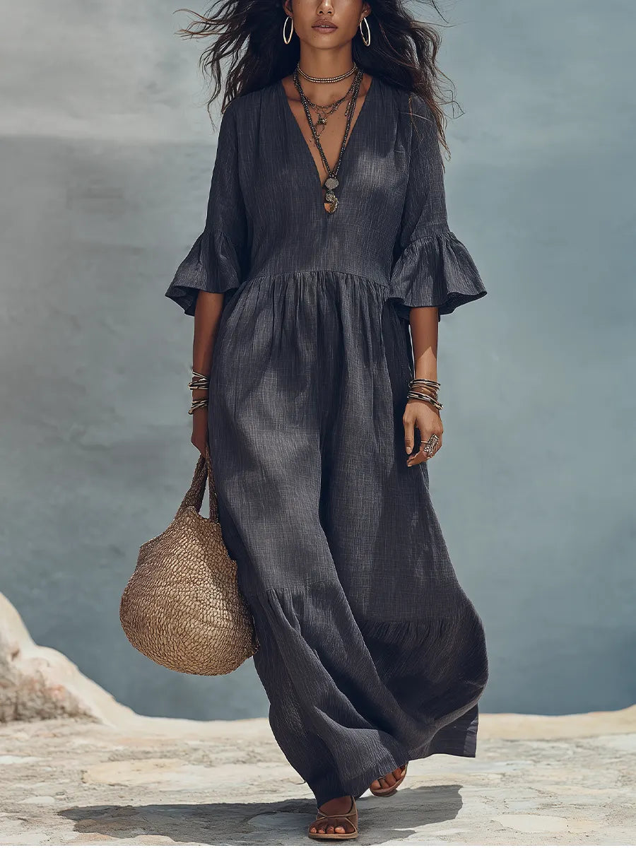 Minimalist Charcoal Blue Draped Flowy Maxi Dress