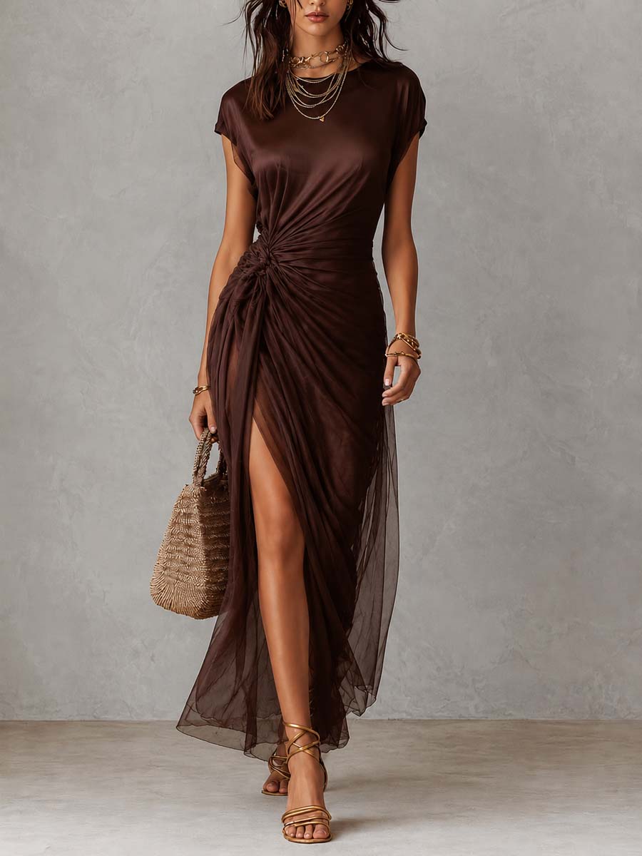 Vintage Coffee Satin And Tencel Layered Ruched Wrap Split Midi Dress