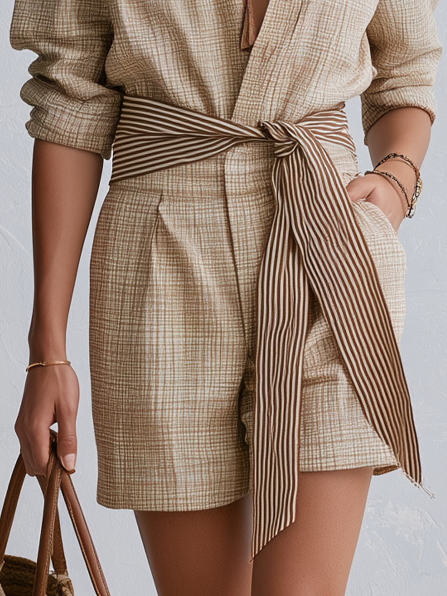 Minimalist Beige Striped Sleeveless Jumpsuit