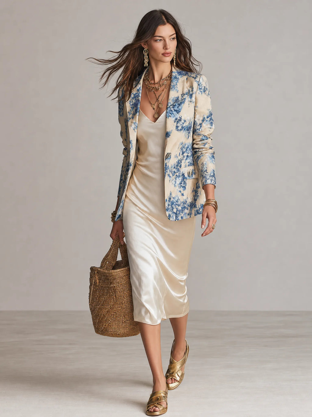 Elegant Resort Blue Floral Linen Blazer & Champagne Satin Slip Dress Set