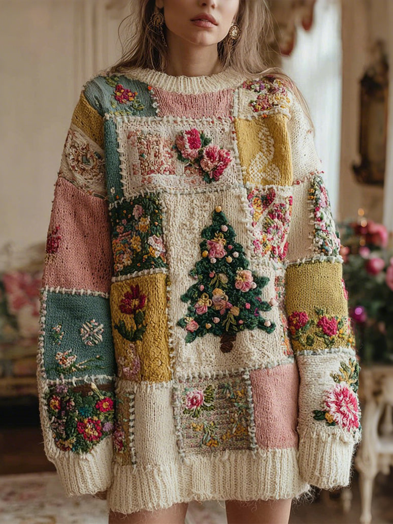 Women's Christmas Tree And Rose Pattern Knitted Crew Neck Sweater Dress