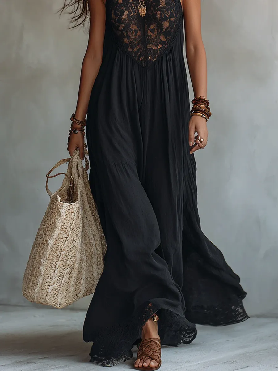 Boho-style Sexy Lace-paneled Halter Dress