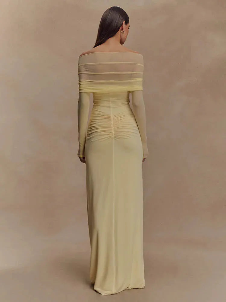 Avielle Off-Shoulder Mesh Bodycon Maxi Dress – Twist Front Ruched Cut-Out Gown for Weddings and Evening Occasions