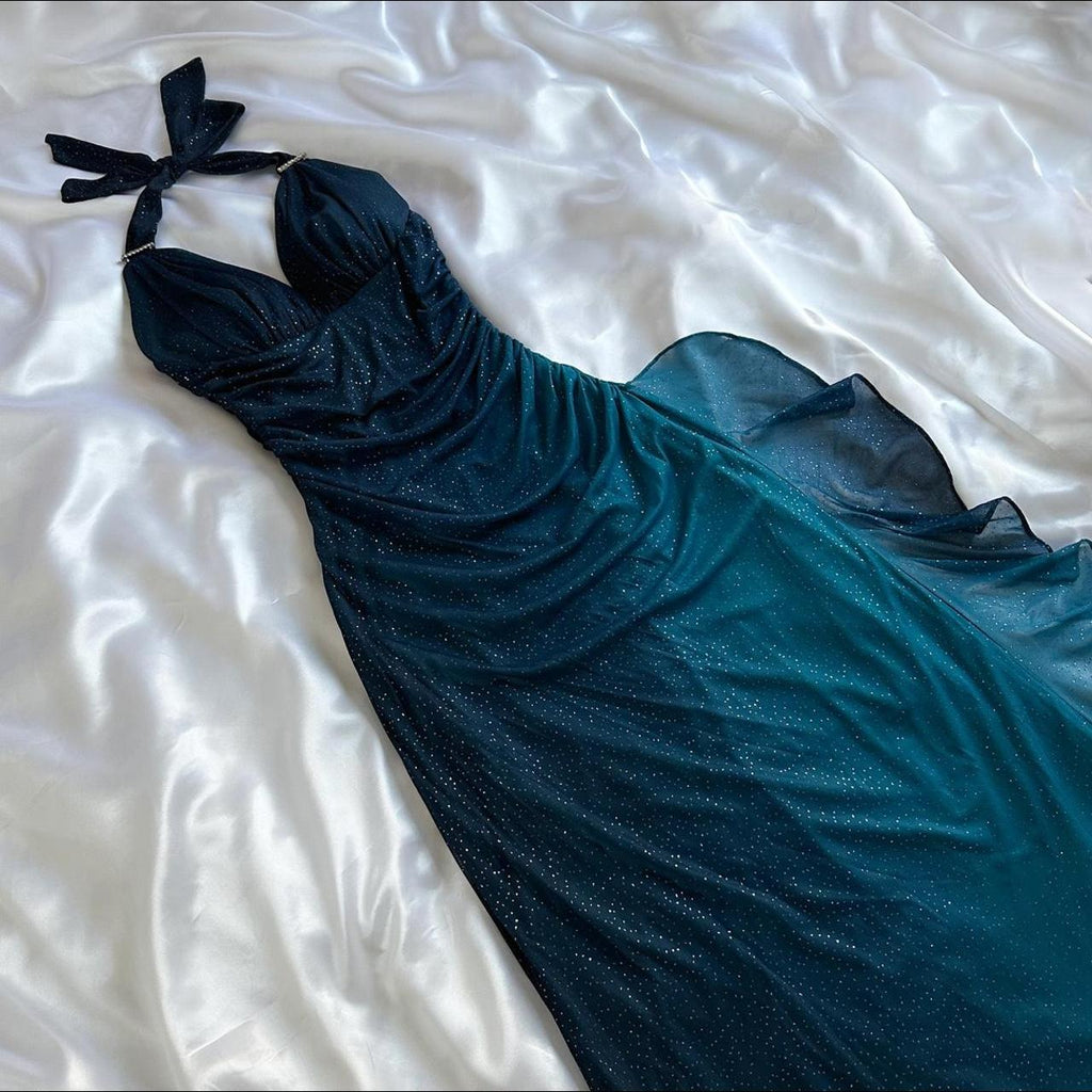 Indigo Shiny Elegant Fashion Strapless Long Tulle Prom Dress Evening Dress Birthday Party Dress