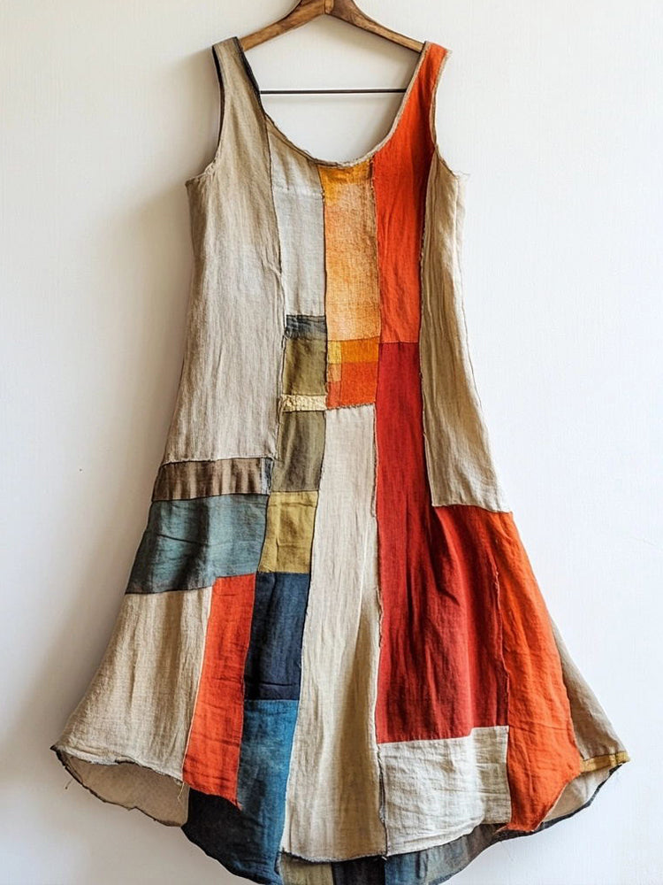 Vintage Multicolor Patchwork Art Linen Blend Dress 1852