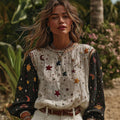 Women's Bohemian Style Color-blocked Top With Star And Moon Embroidery