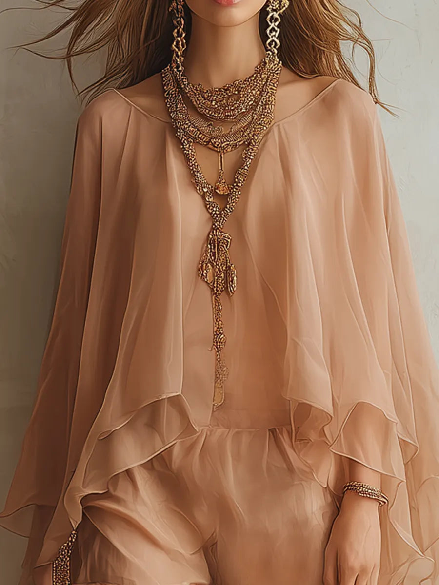 Romantic Apricot-colored Chiffon Pants Set With Ruffles