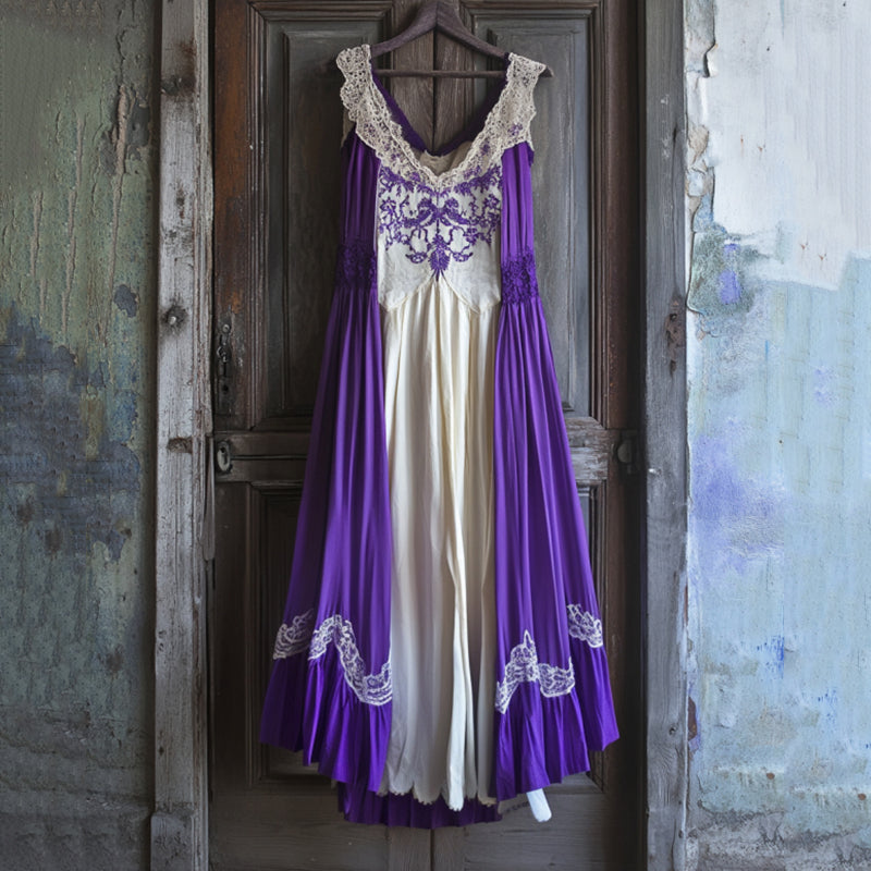 Boho Gradient Lavender Embroidered Pattern Lace Linen Dress