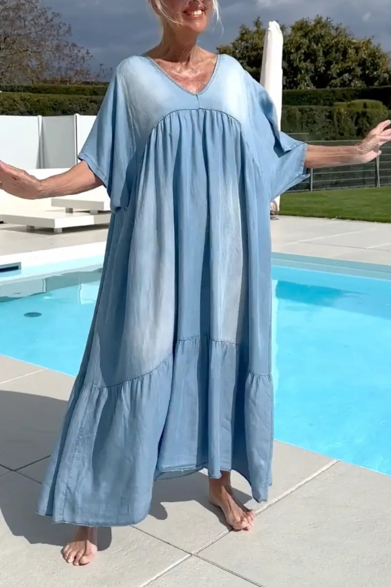 Light Wash Denim Tiered Maxi Dress