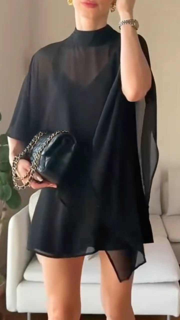 Black Chiffon Capelet Mini Dress
