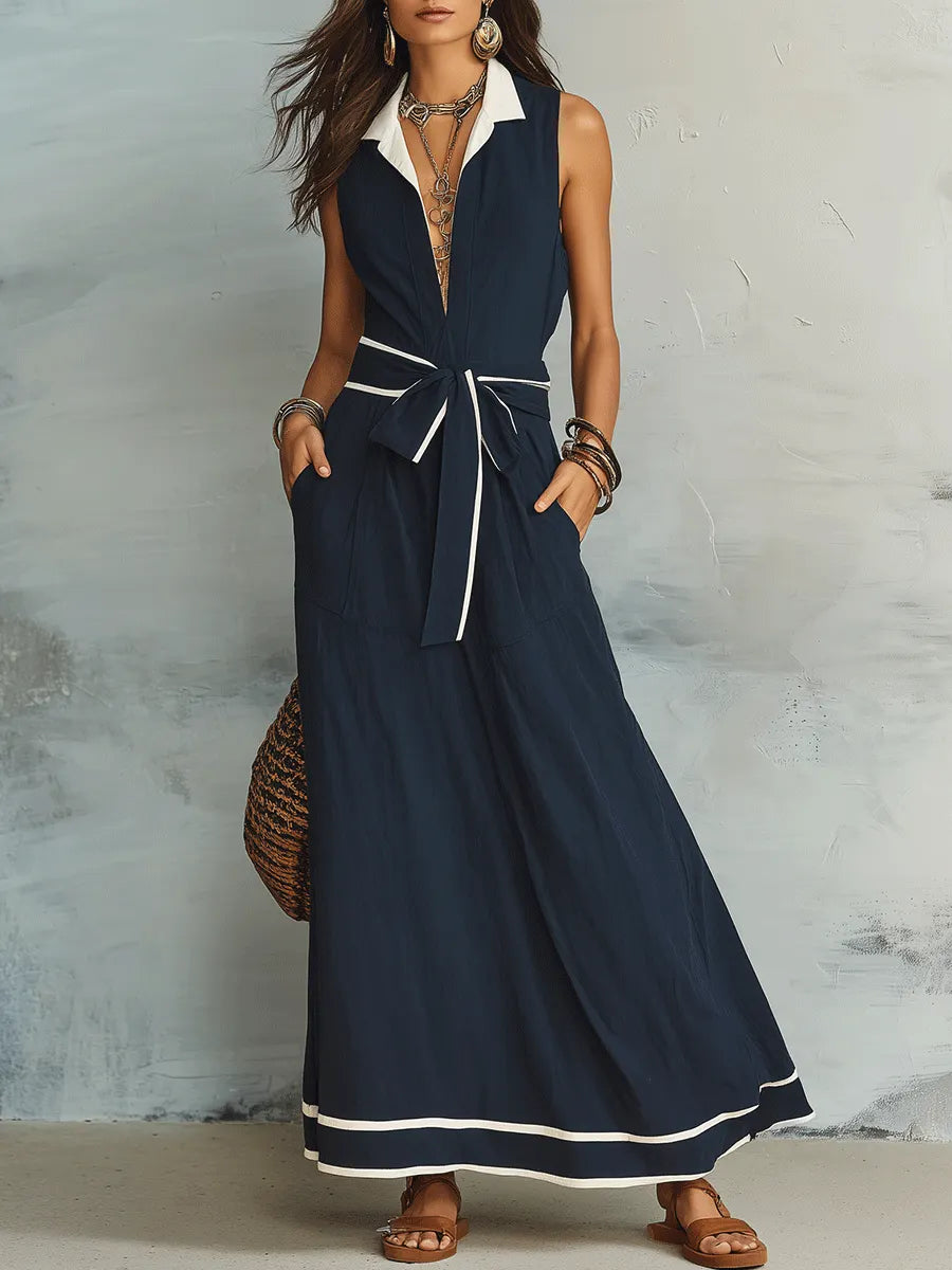 Effortless Coastal Elegance Contrast Collar Tie-Waist Maxi Dress
