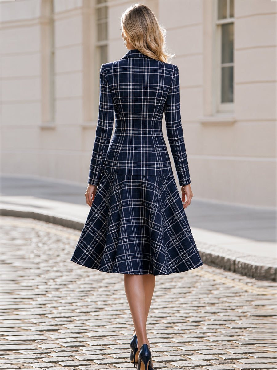 Notched Lapel Double Breasted  Plaid Long Sleeve Fit & Flare Midi Dress