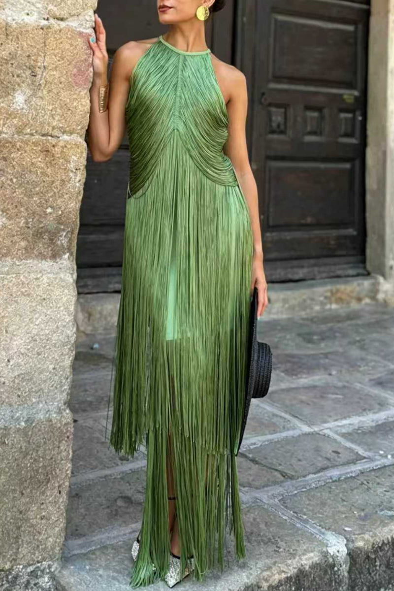 Green Halter Fringe Midi Dress
