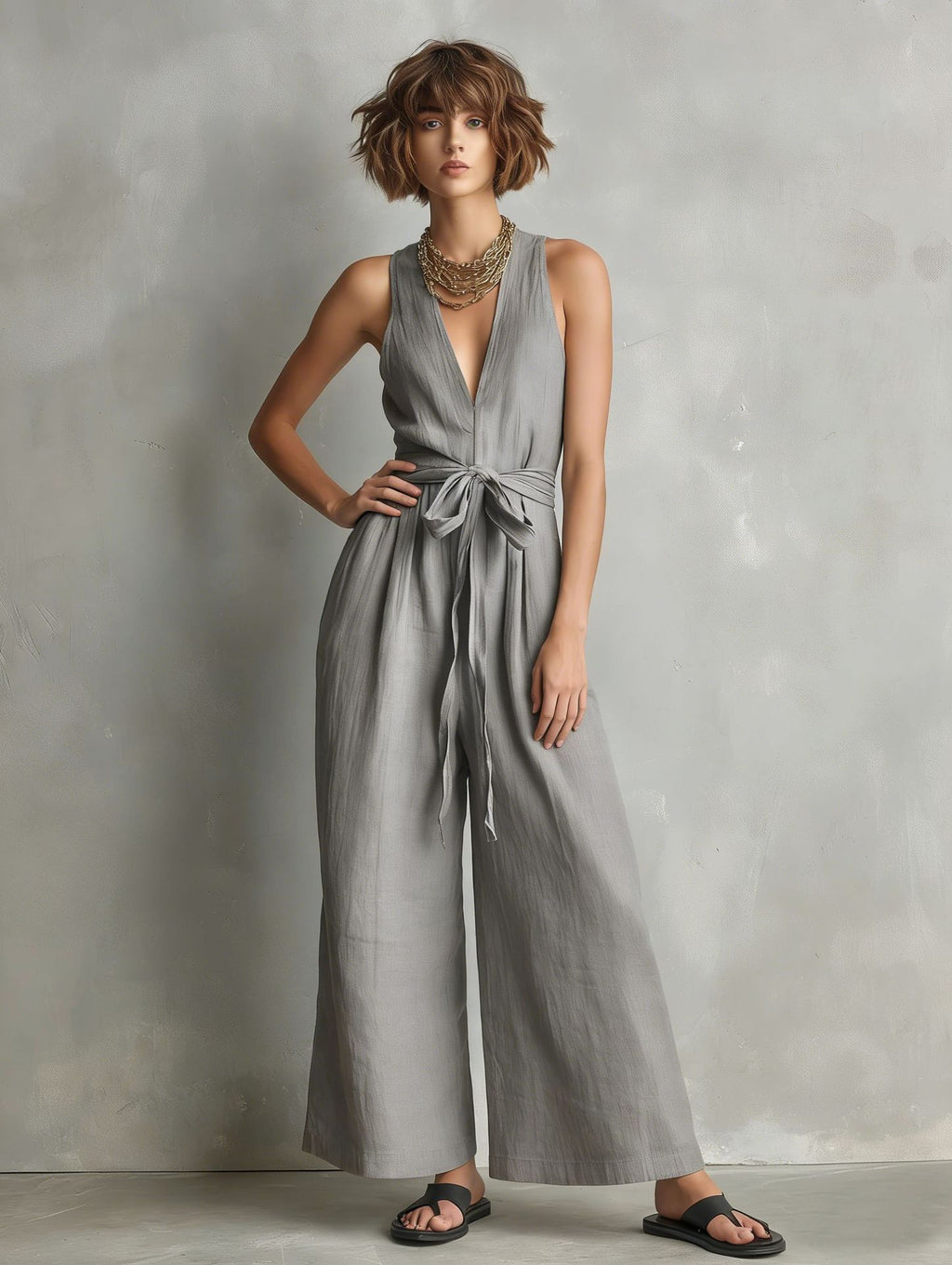 Gurtons Elegant Waist-Knot Jumpsuit - Sleeveless Wide-Leg One-Piece Quiet Luxury Set