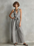 Gurtons Elegant Waist-Knot Jumpsuit - Sleeveless Wide-Leg One-Piece Quiet Luxury Set