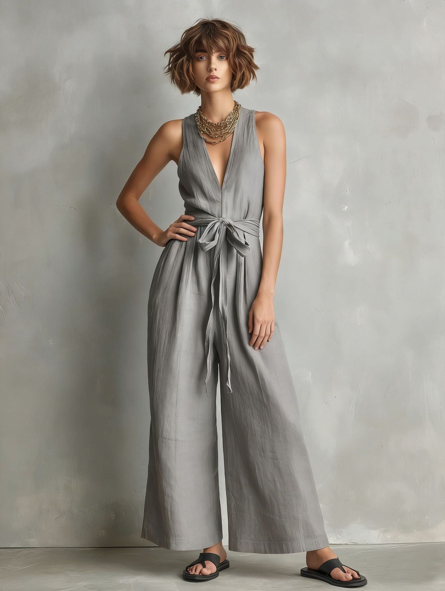 Gurtons Elegant Waist-Knot Jumpsuit - Sleeveless Wide-Leg One-Piece Quiet Luxury Set