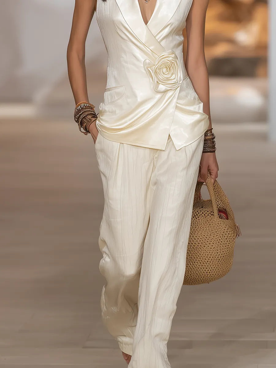 Elegant Ivory Satin Sleeveless Top And Trousers Set