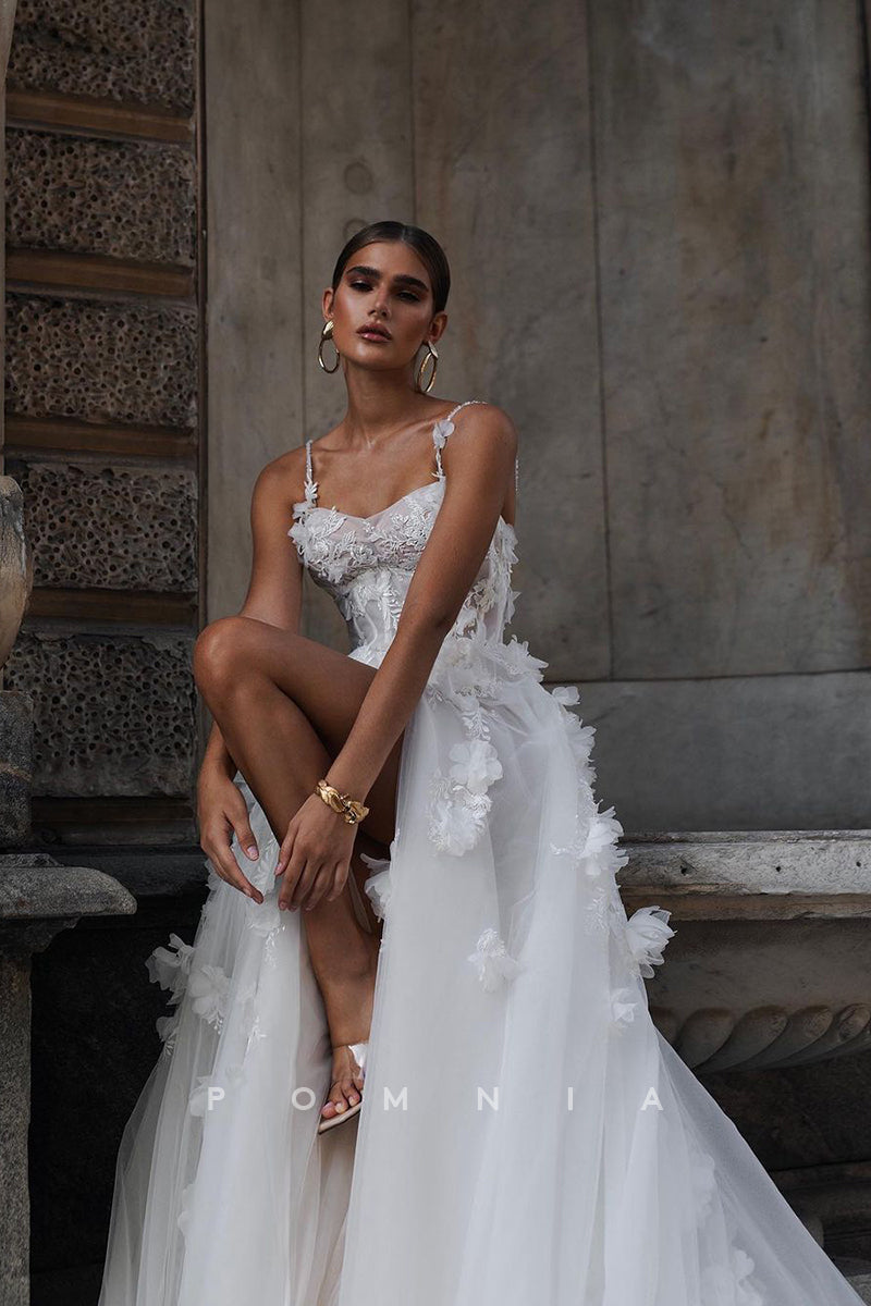 P3083 - Romantic A-Line Appliques High Split with Train Tulle Long Bohemian Wedding Dress