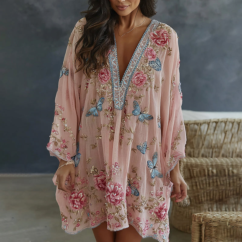 Women's Floral And Butterfly Art Print Flowy Linen Blend Casual Mini Dress