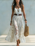 Romantic Ivory Lace Sleeveless Midi Dress