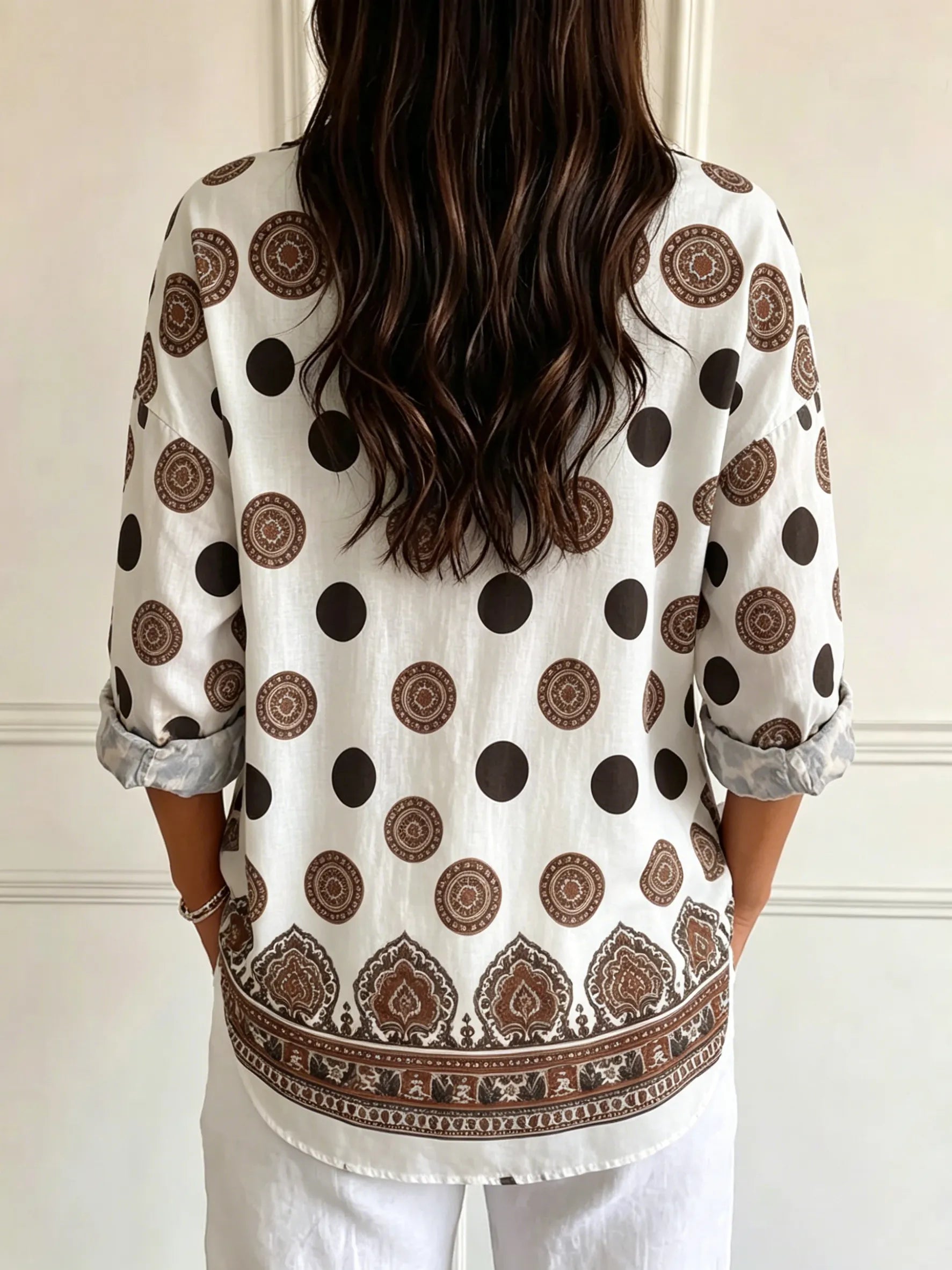 Women's Vintage-style Long-sleeve Casual Shirt With Totem And Polka Dot Print